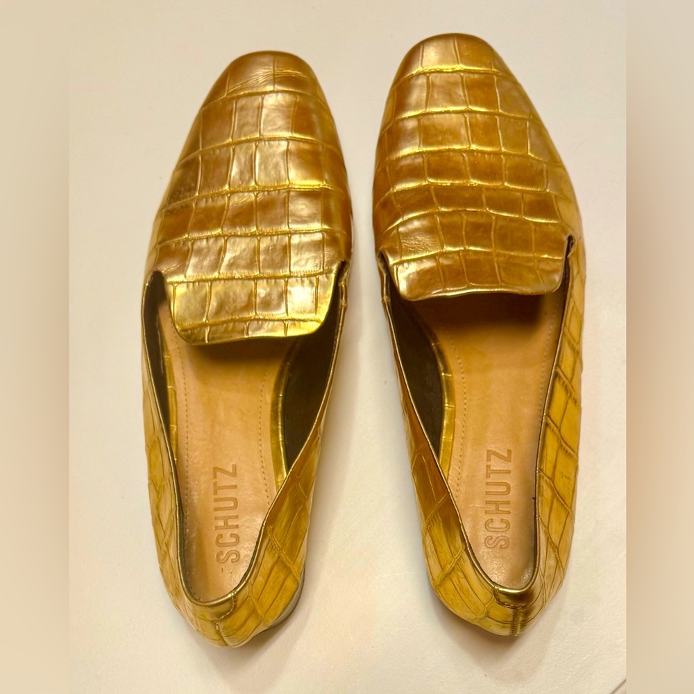 Schutz Metallic Gold Croc Print Loafers | Sz 7B